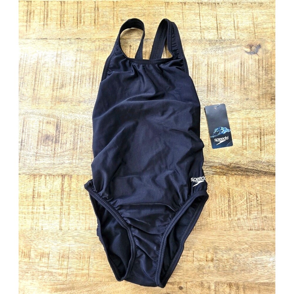 NWT Speedo Pro LT Girls One Piece Swimsuit Black Athletic Swim Youth 12/28